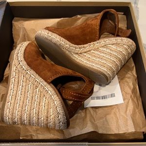 Prada authentic suede toast wedge espadrille